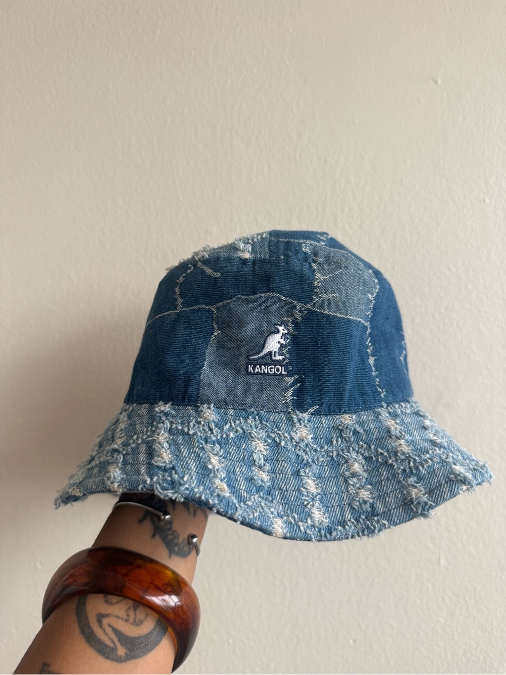 Kangol Adult Denim Patchwork Frayed Bucket Hat - Blue
